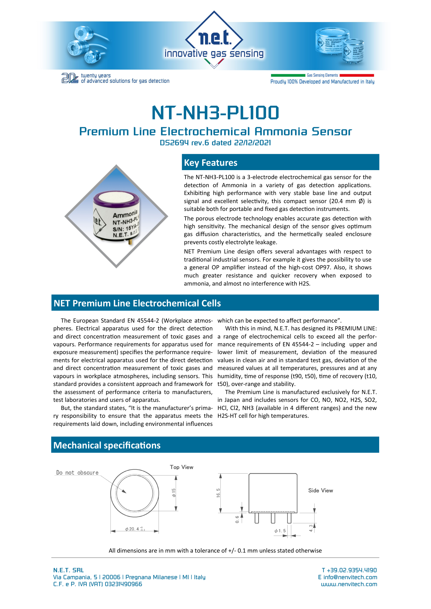 Габаритный чертёж NT-NH3-PL100 NET сенсор газа Аммиака NH3