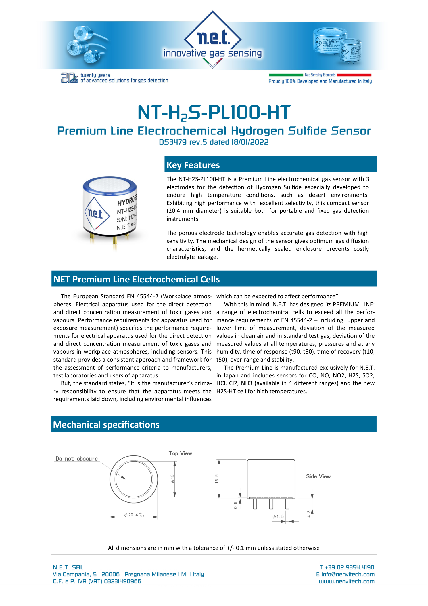 Габаритный чертёж NT-H2S-PL100-HT NET сенсор газа Сероводорода H2S