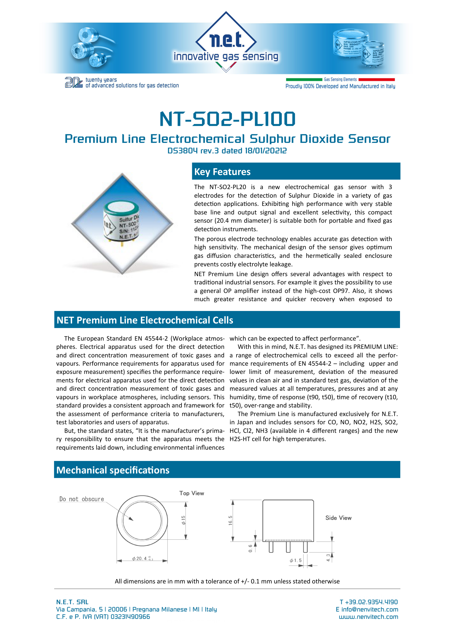 Габаритный чертёж NT-SO2-PL100 NET сенсор газа Диоксида серы SO2