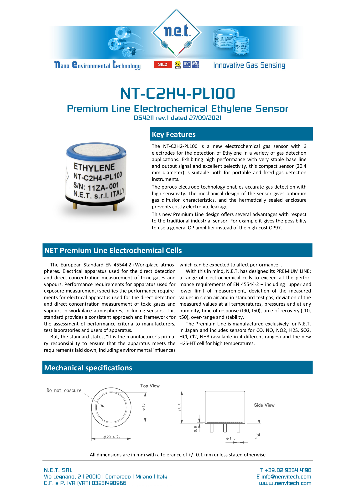 Габаритный чертёж NT-C2H4-PL100 NET сенсор Этилена C2H4