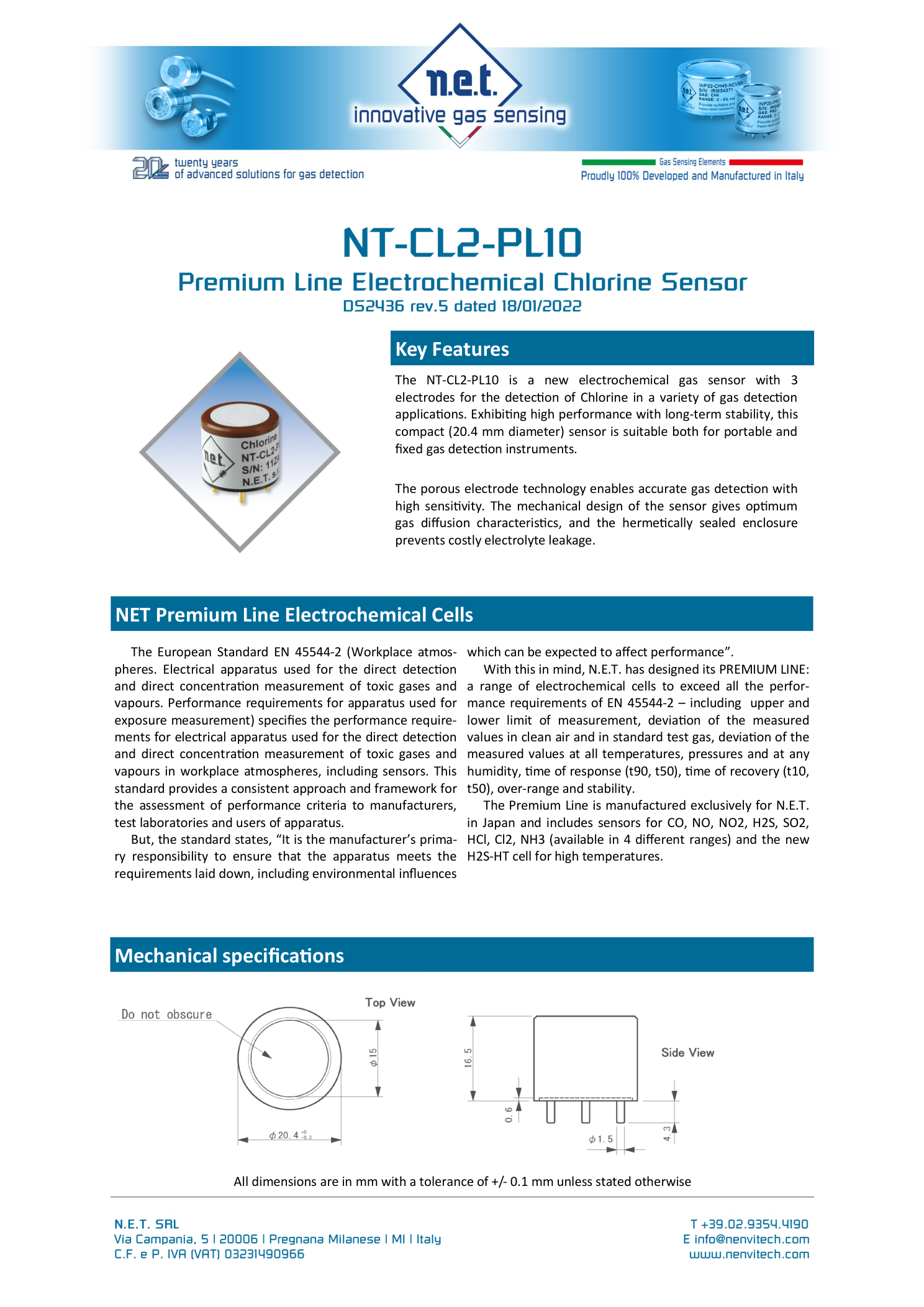 Габаритный чертёж NT-CL2-PL10 NET сенсор газа Хлора CL2