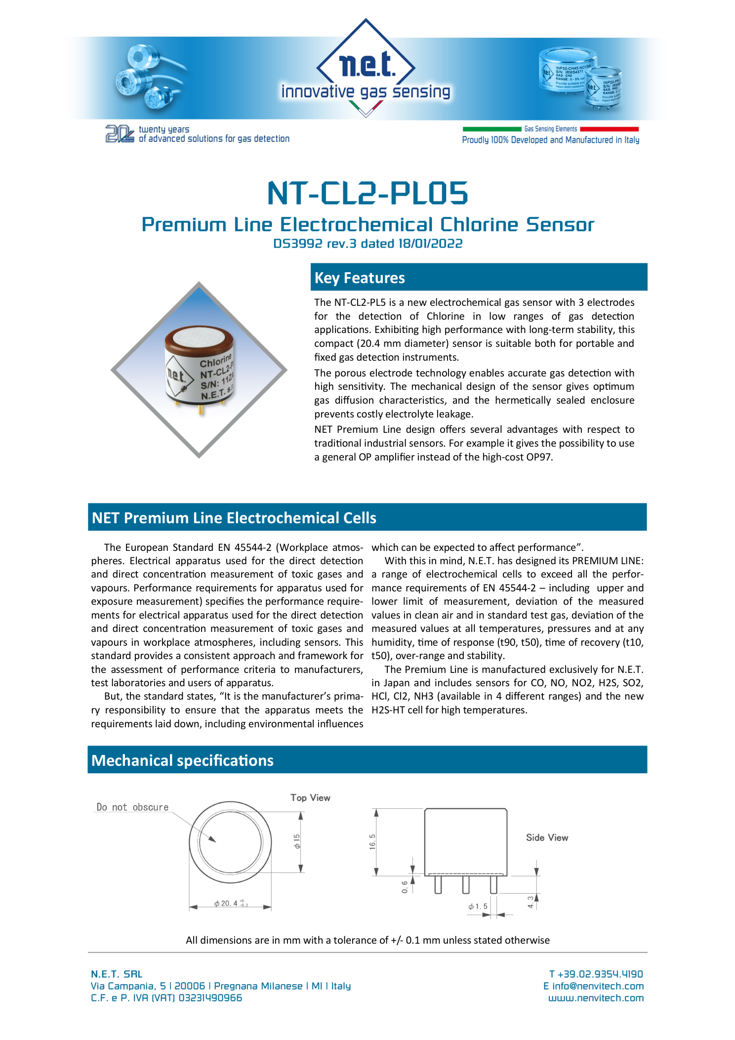Габаритный чертёж NT-CL2-PL5 NET сенсор газа Хлора CL2