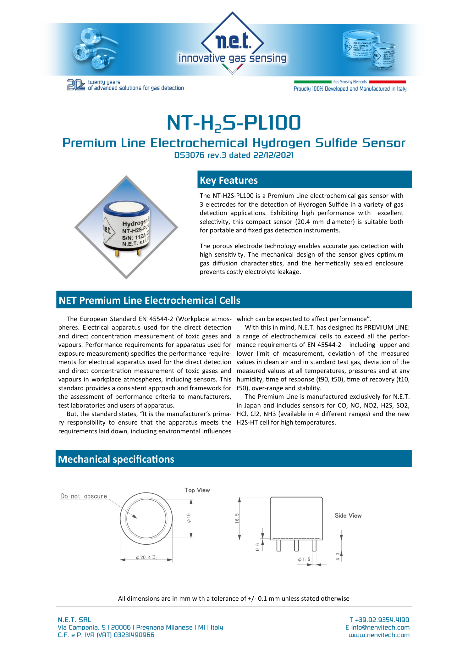 Габаритный чертёж NT-H2S-PL100 NET сенсор газа Сероводорода H2S
