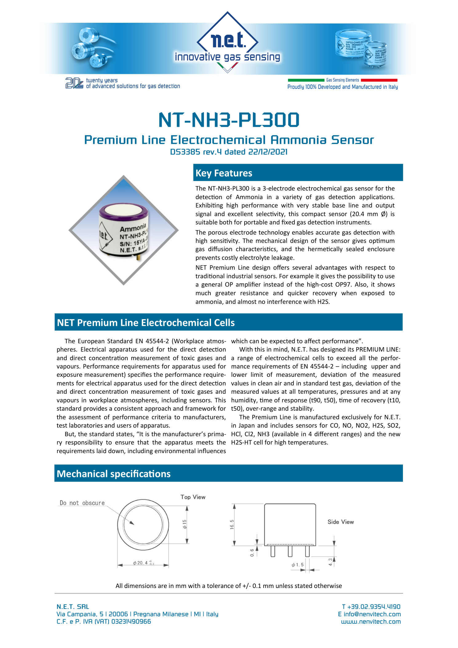 Габаритный чертёж NT-NH3-PL300 NET сенсор газа Аммиака NH3