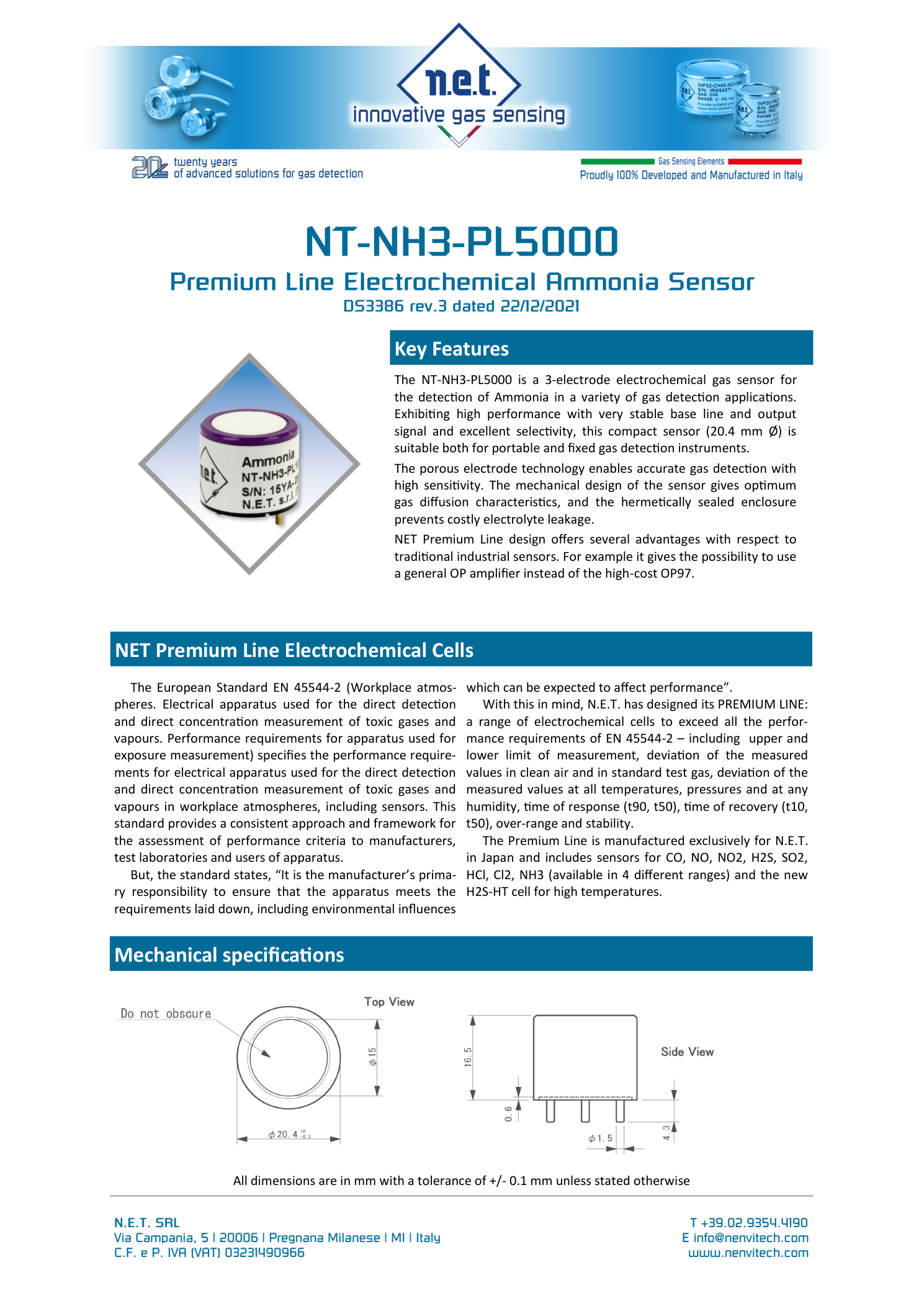 Габаритный чертёж NT-NH3-PL5000 NET сенсор газа Аммиака NH3