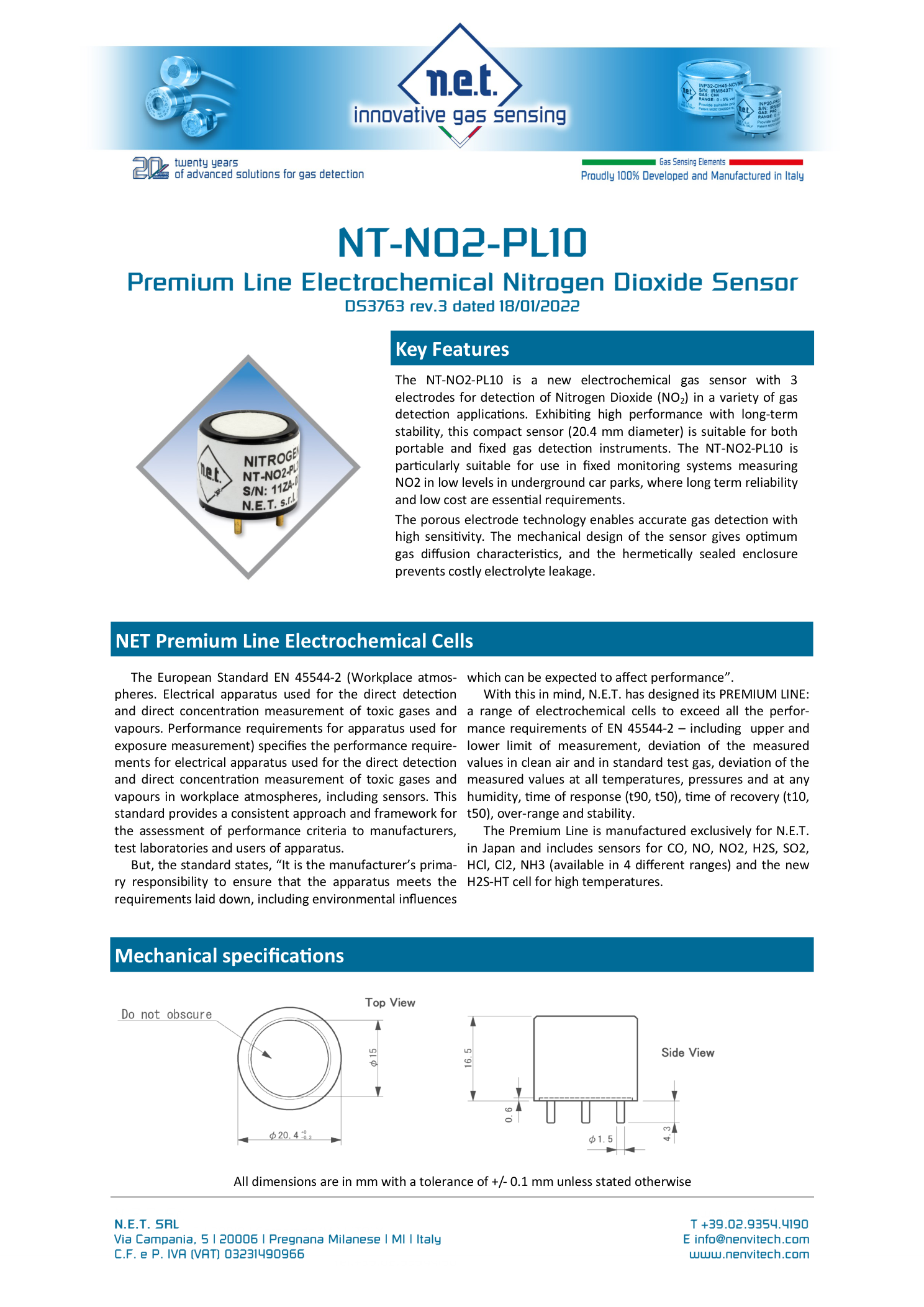 Габаритный чертёж NT-NO2-PL10 NET сенсор газа Диоксида азота NO2
