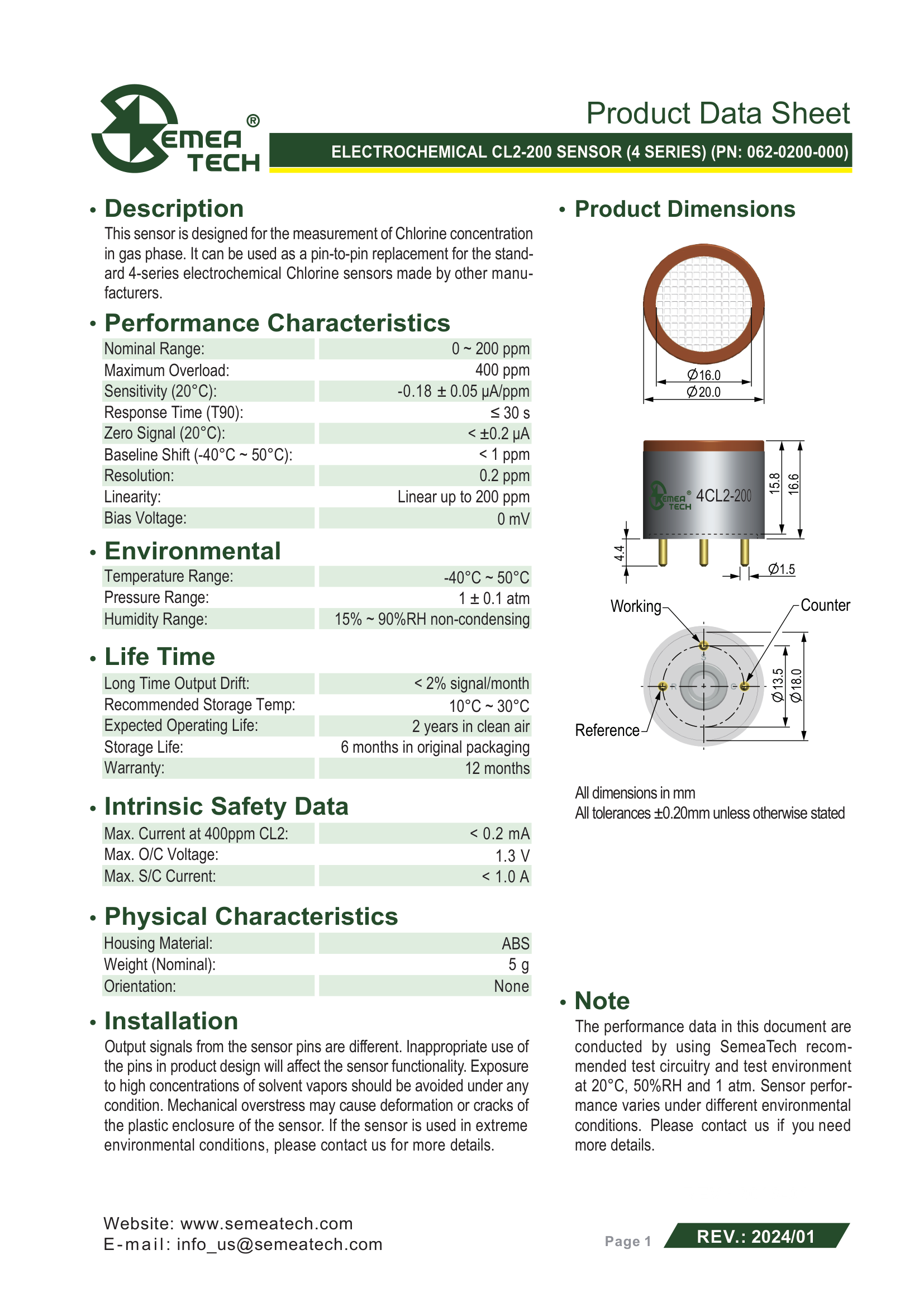 Габаритный чертёж 4CL2-200 Semeatech сенсор Хлора CL2