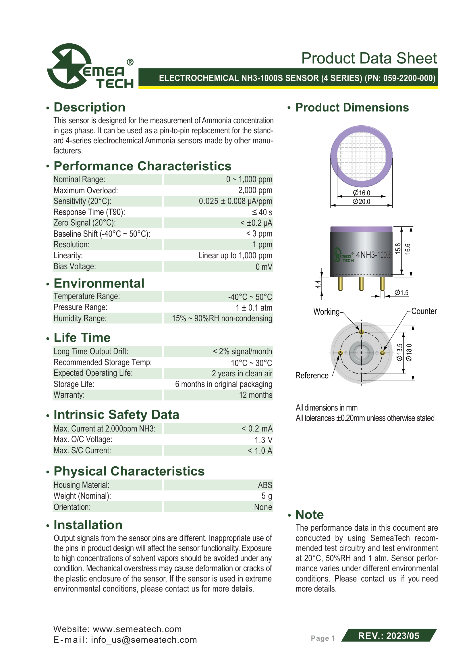 Габаритный чертёж 4NH3-1000S Semeatech сенсор газа Аммиака NH3