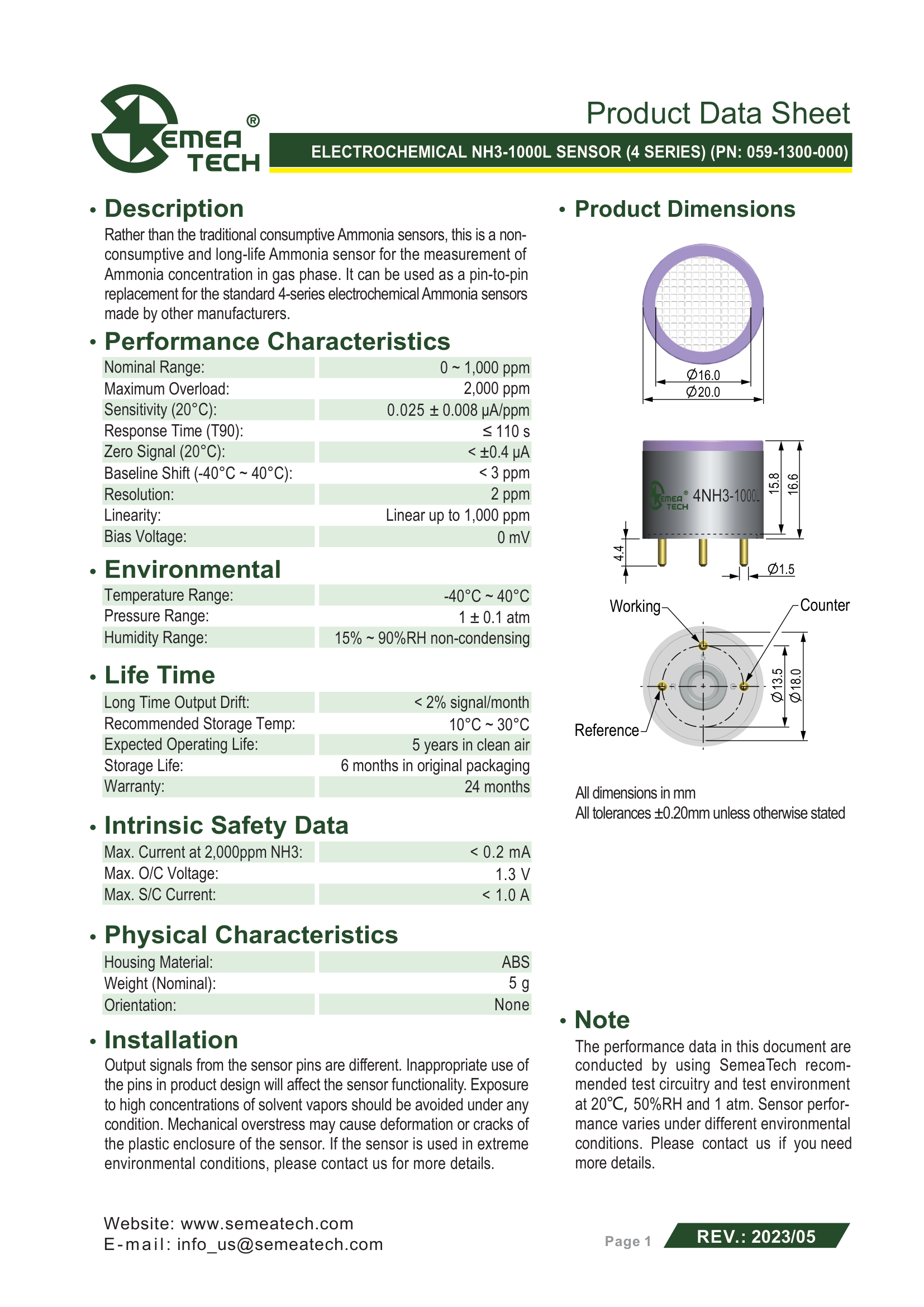 Габаритный чертёж 4NH3-1000L Semeatech сенсор газа Аммиака NH3
