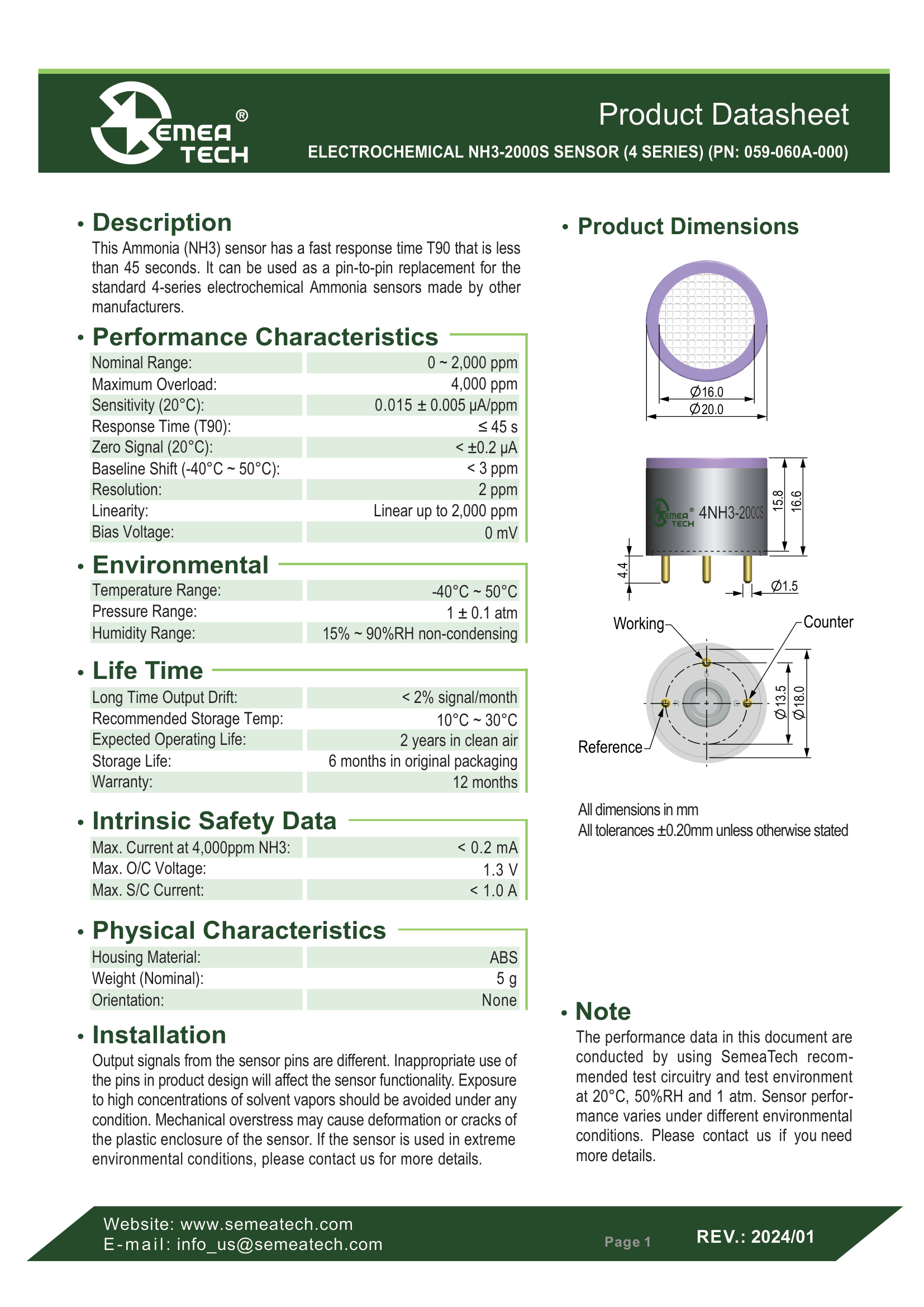 Габаритный чертёж 4NH3-2000 Semeatech сенсор газа Аммиака NH3