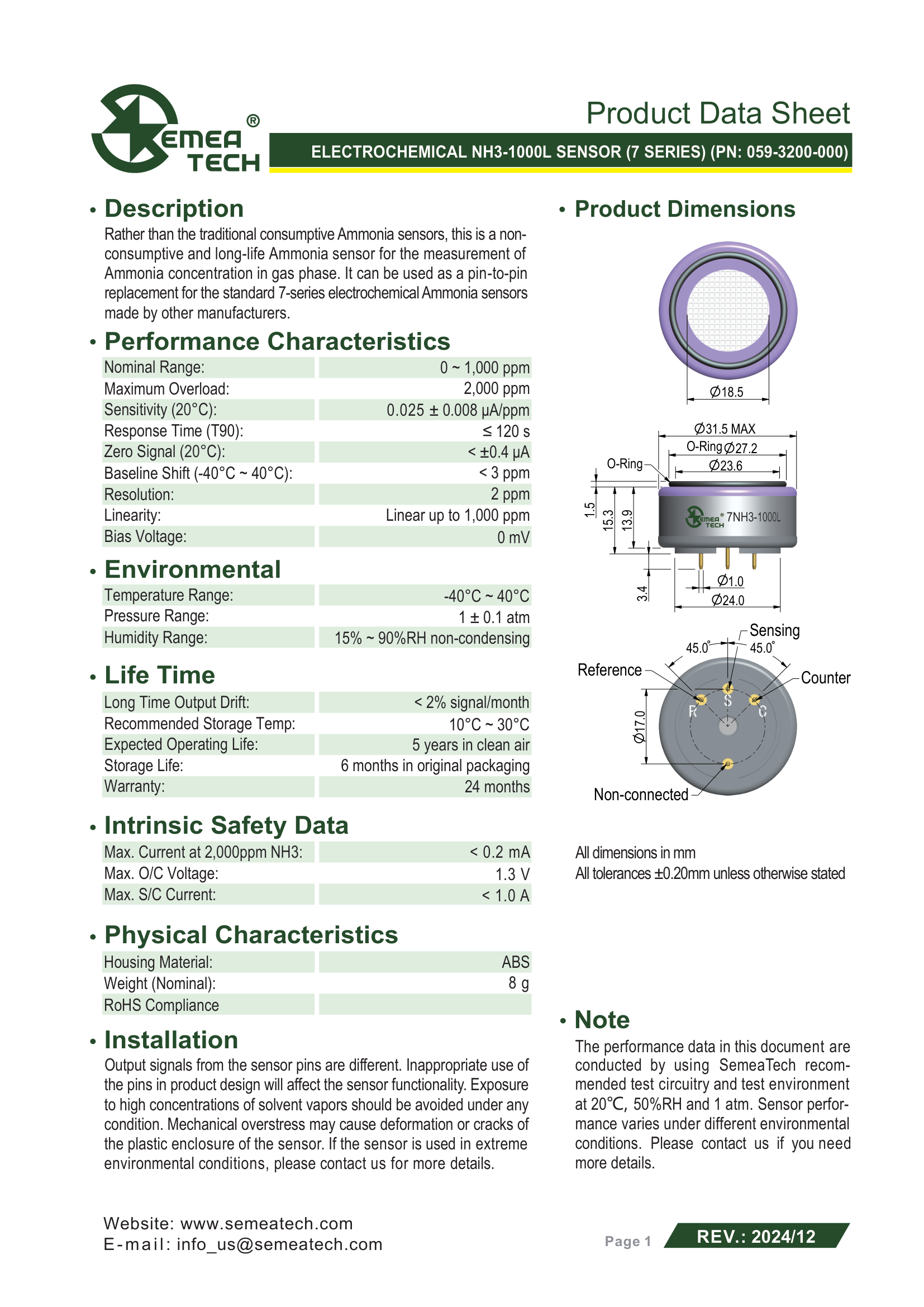 Габаритный чертёж 7NH3-1000L Semeatech сенсор Аммиака NH3