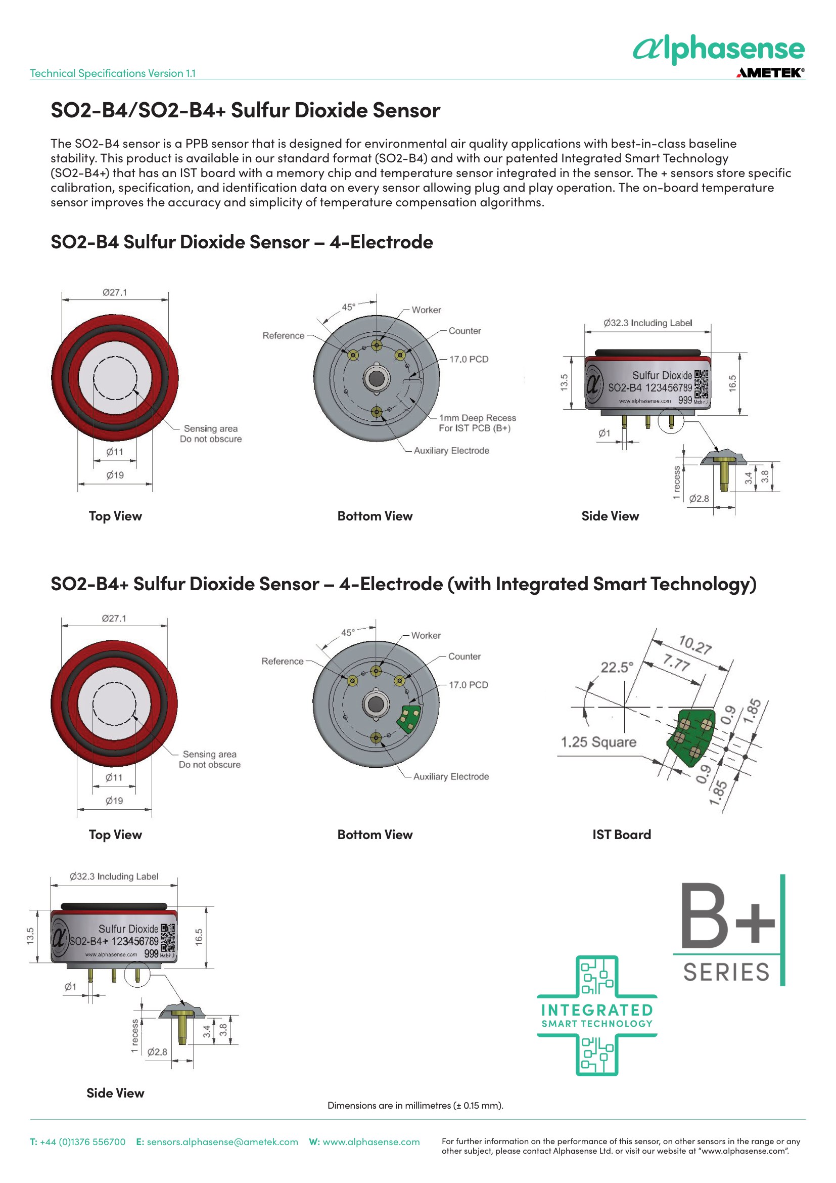 SO2-B4 Alphasense газовый сенсор Диоксида серы SO2